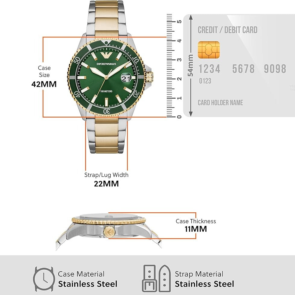 Emporio Armani Diver Chronograph Green Dial Two Tone Steel Strap Watch For Men - AR80063 Buy Now By Emporio Armani