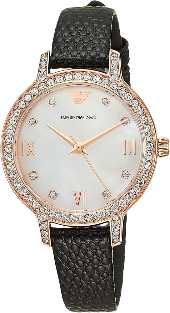 Emporio Armani Cleo Three-Hand Mother of Pearl Dial Black Leather Strap Watch For Women - AR11485 Buy Now By Emporio Armani