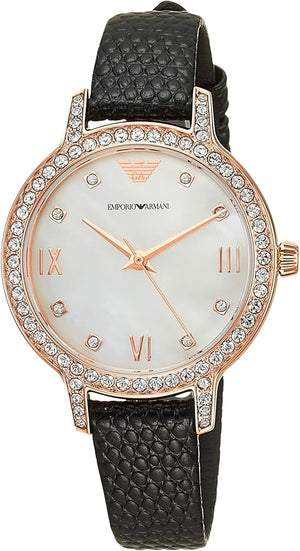 Emporio Armani Cleo Three-Hand Mother of Pearl Dial Black Leather Strap Watch For Women - AR11485 Buy Now By Emporio Armani