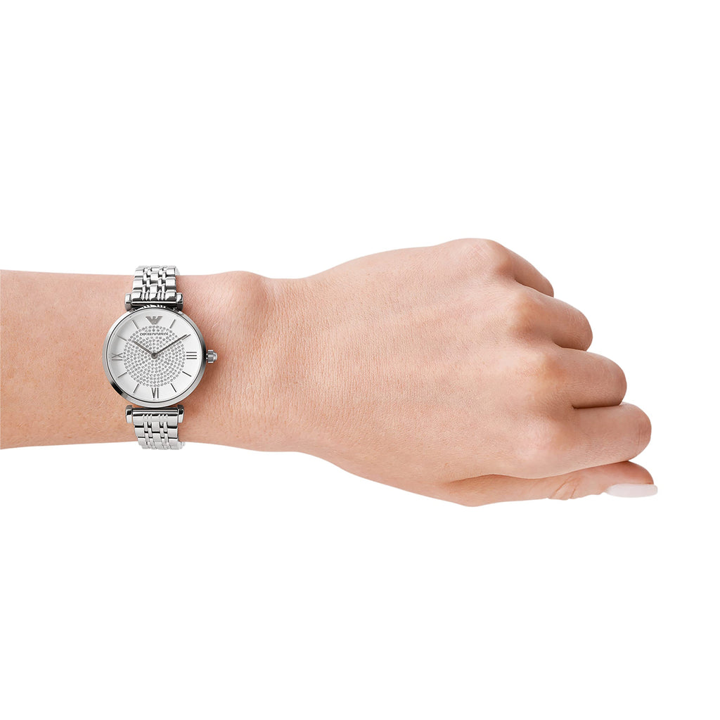 Emporio Armani Gianni T Bar White Crystal Pave Dial Silver Stainless Steel Strap Watch For Women - AR1925 Buy Now By Emporio Armani