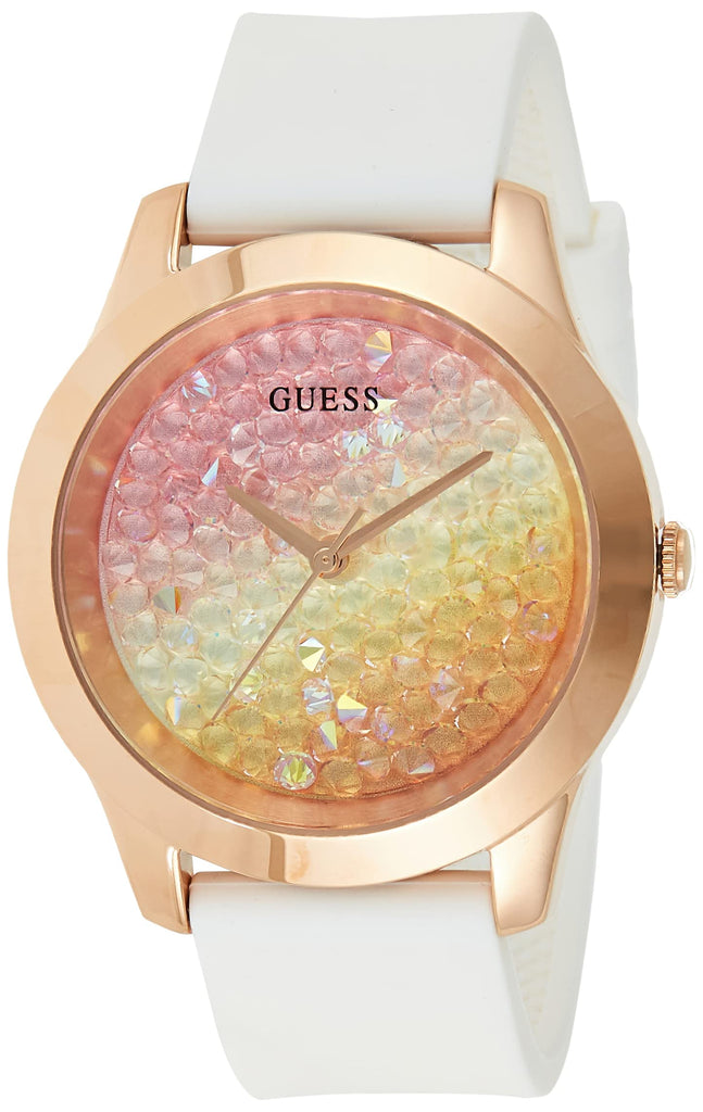 Guess Crush Crystals Gold Dial White Rubber Strap Watch for Women - W1223L3 Buy Now By Guess