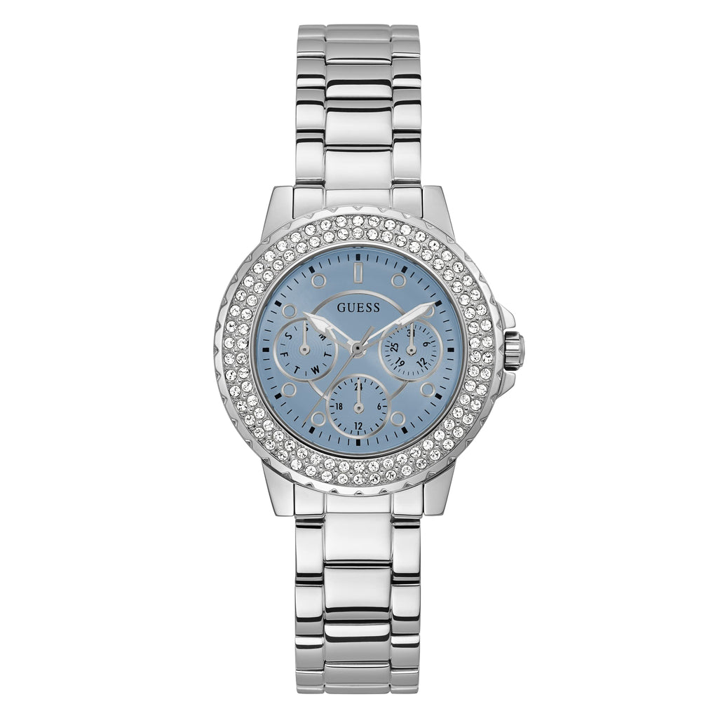 Guess Crown Jewel Diamonds Blue Dial Silver Steel Strap Watch for Women - GW0410L1 Buy Now By Guess