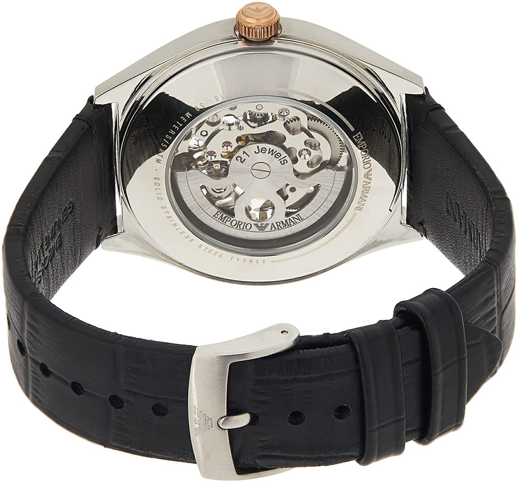 Emporio Armani Zeta Skeleton Automatic Silver Dial Black Leather Strap Watch For Men - AR60018 Buy Now By Emporio Armani