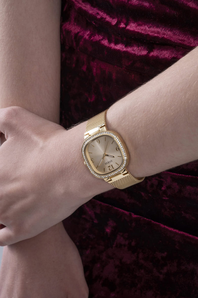 Guess Tapestry Diamonds Gold Dial Gold Mesh Bracelet Watch for Women - GW0354L2 Buy Now By Guess