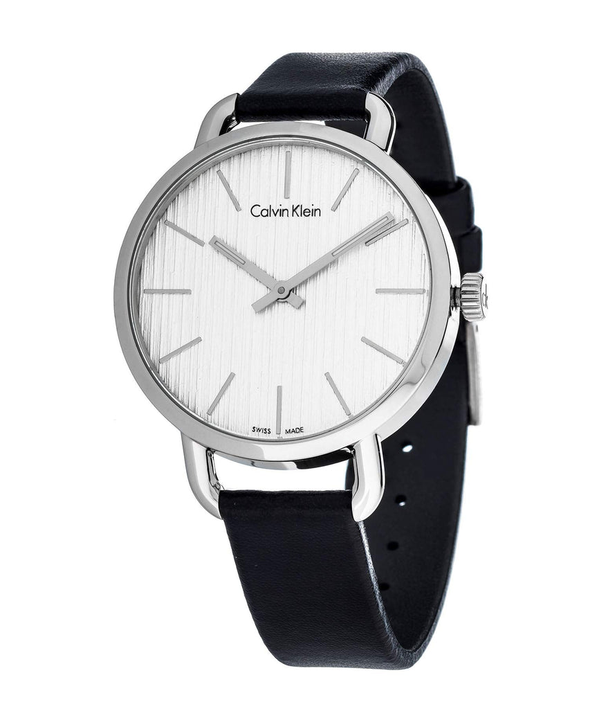 Calvin Klein Even Silver Black Leather Strap Watch for Women - K7B231C6 Buy Now By Calvin Klein