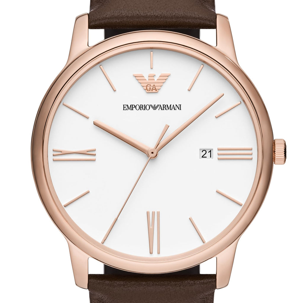 Emporio Armani Minimalist Quartz White Dial Brown Leather Strap Watch For Men - AR11572 Buy Now By Emporio Armani