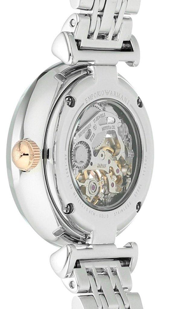 Emporio Armani Gianni T Bar Silver Skeleton Dial Two Tone Strap Watch For Women - AR1992 Buy Now By Emporio Armani