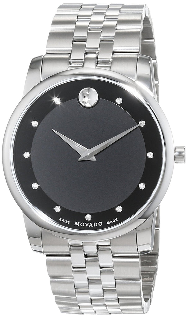 Movado Museum Diamonds Black Dial Silver Steel Strap Watch For Men - 606878 Buy Now By Movado