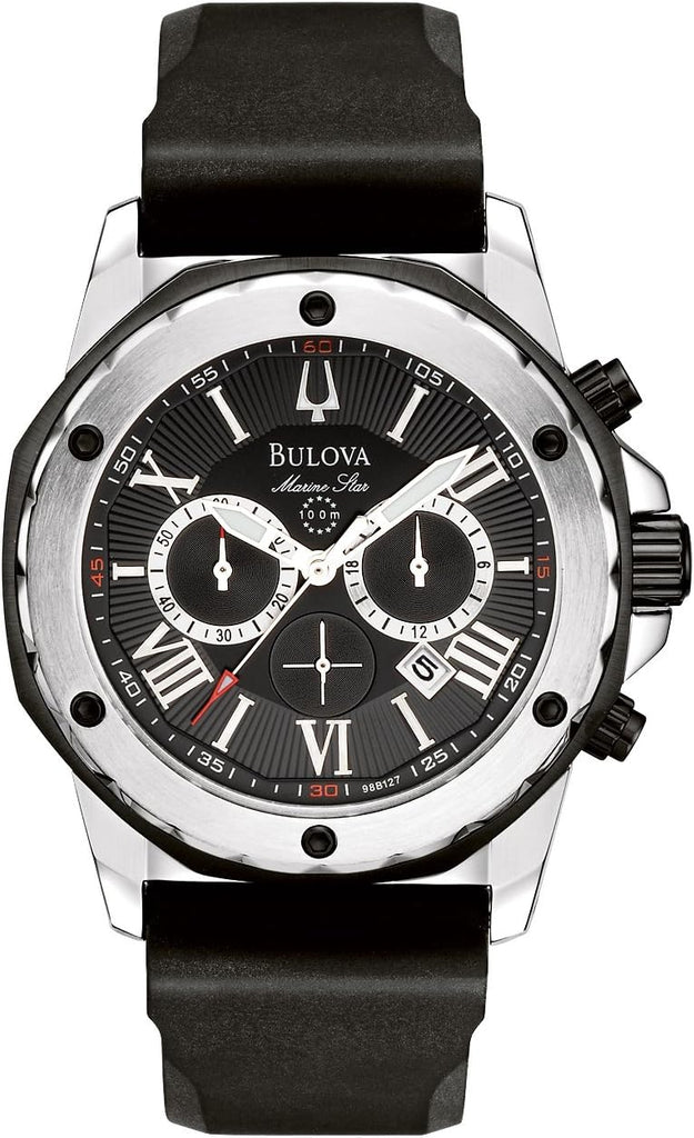 Bulova Marine Star Chronograph Black Dial Black Rubber Strap Watch for Men - 98B127 Buy Now By Bulova