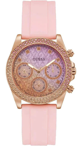 Guess Sparkling Chronograph Crystals Pink Dial Pink Silicone Strap Watch For Women - GW0032L4 Buy Now By Guess