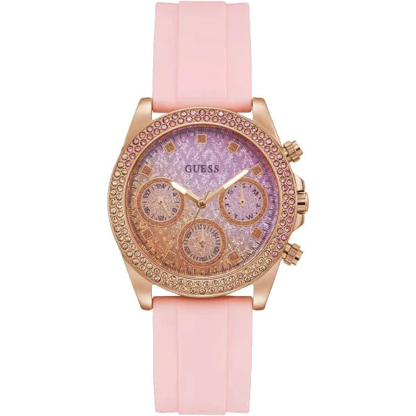 Guess Sparkling Chronograph Crystals Pink Dial Pink Silicone Strap Watch For Women - GW0032L4 Buy Now By Guess