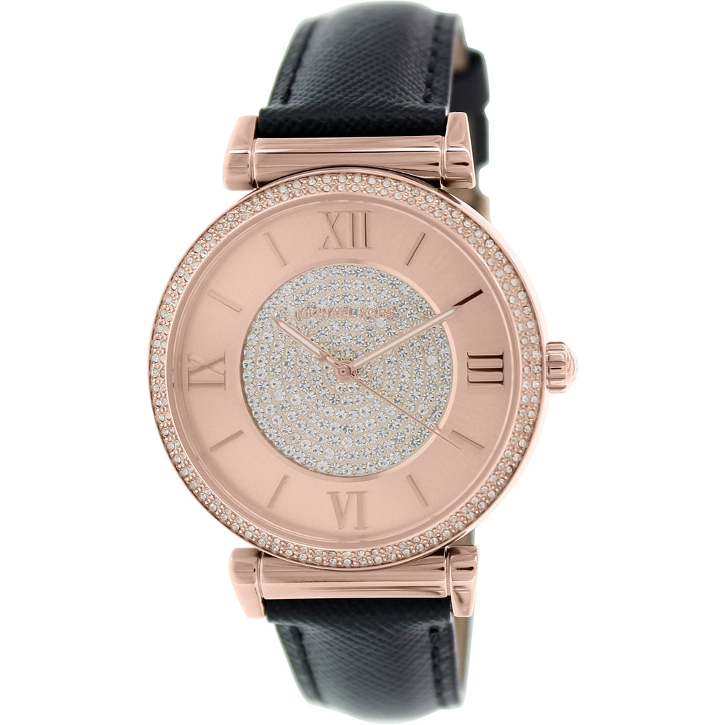 Michael Kors Catlin Rose Gold Crystal Dial Black Leather Strap Watch for Women - MK2376 Buy Now By Michael Kors