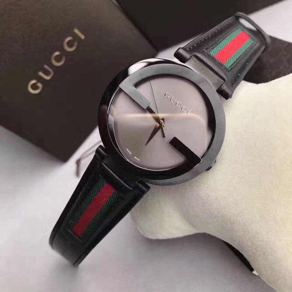 Gucci Interlocking G XL Black Dial Red & Green Leather Strap Watch For Men - YA133206 Buy Now By Gucci