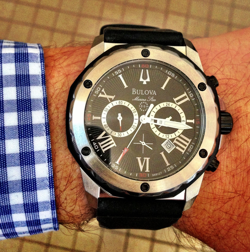 Bulova Marine Star Chronograph Black Dial Black Rubber Strap Watch for Men - 98B127 Buy Now By Bulova