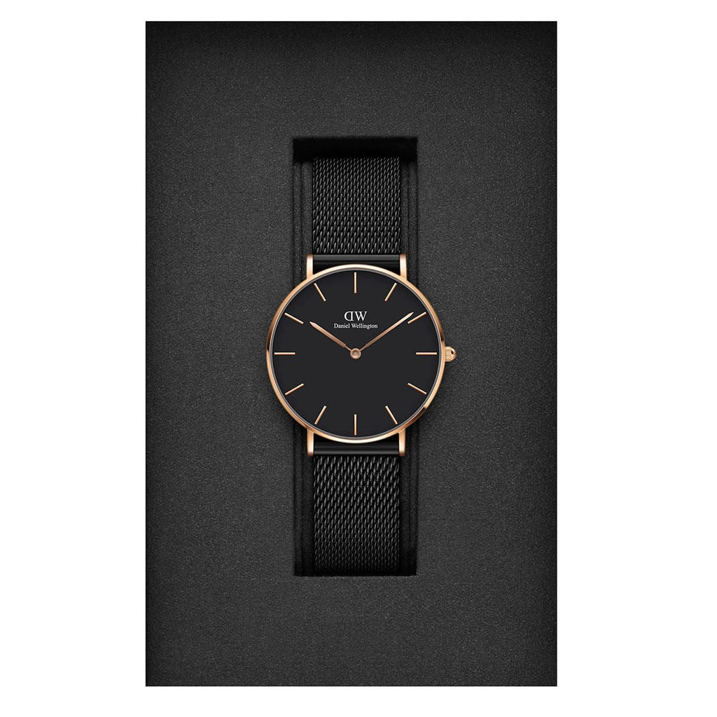 Daniel Wellington Petite Ashfield Black Dial Black Mesh Strap Watch for Women - DW00100307