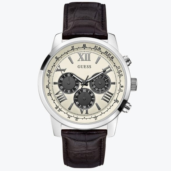 Guess Chronograph Quartz White Dial Brown Leather Strap Watch For Men - W0380G1 Buy Now By Guess