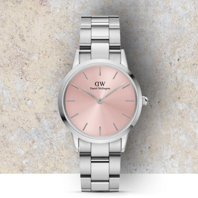 Daniel Wellington Iconic Link Pink Dial Silver Steel Strap Watch For Women - DW00100327 Buy Now By Daniel Wellington