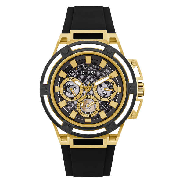 Guess Matrix Multifunction Gold Dial Black Rubber Strap Watch For Men - GW0423G2 Buy Now By Guess