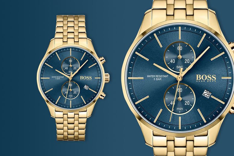 Hugo Boss Associate Blue Dial Gold Steel Strap Watch for Men - 1513841 Buy Now By Hugo Boss