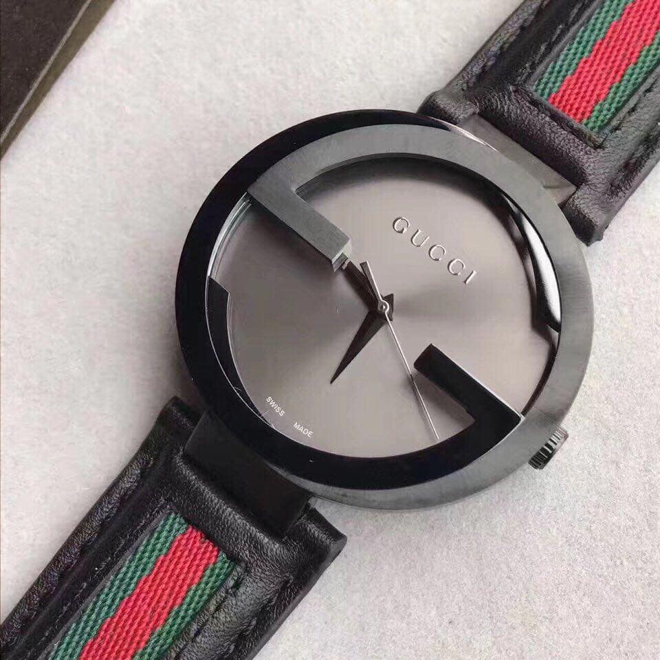 Gucci Interlocking G XL Black Dial Red & Green Leather Strap Watch For Men - YA133206 Buy Now By Gucci