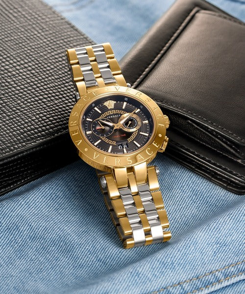 Versace V-Race Quartz Black Dial Gold Steel Strap Watch For Men - VEBV00519 Buy Now By Versace