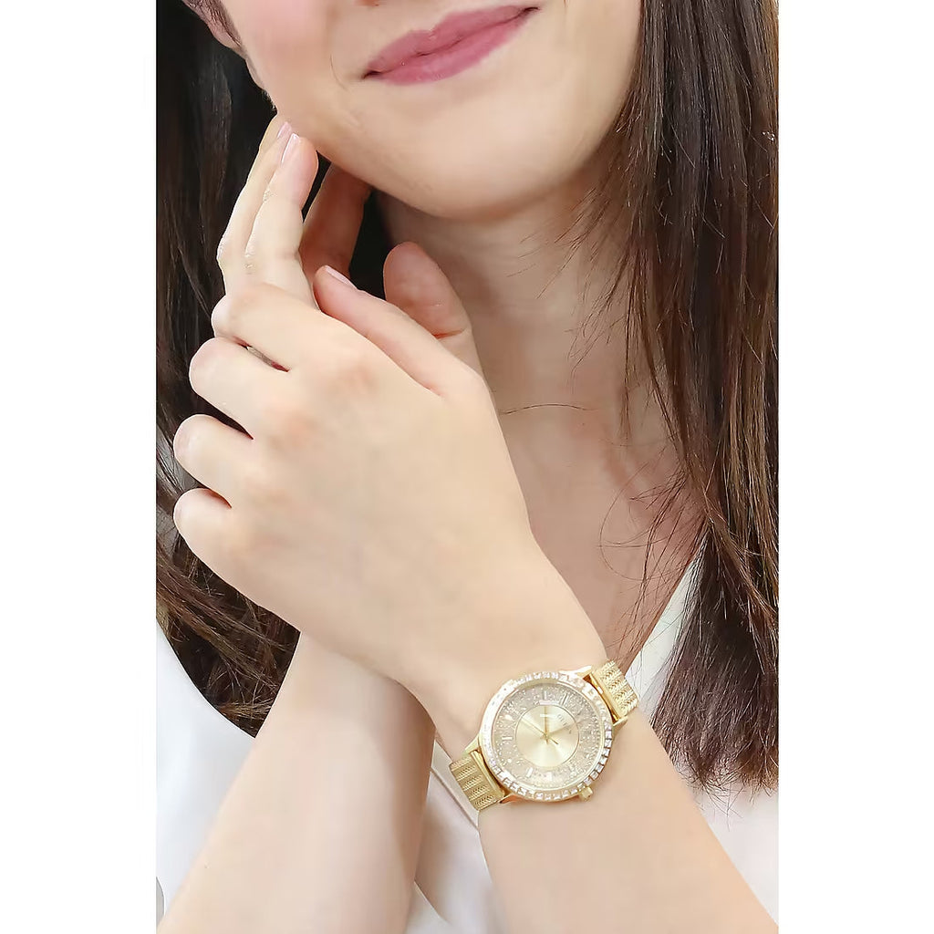 Guess Soiree Diamonds Gold Dial Gold Mesh Bracelet Watch for Women - GW0402L2 Buy Now By Guess
