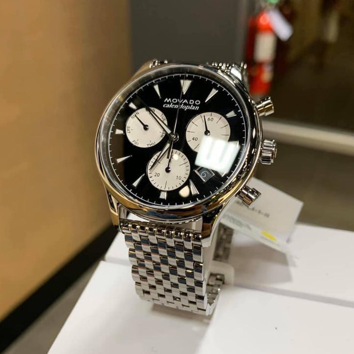 Movado Heritage Calendoplan Chronograph Black Dial Silver Steel Strap Watch for Men - 3650014 Buy Now By Movado