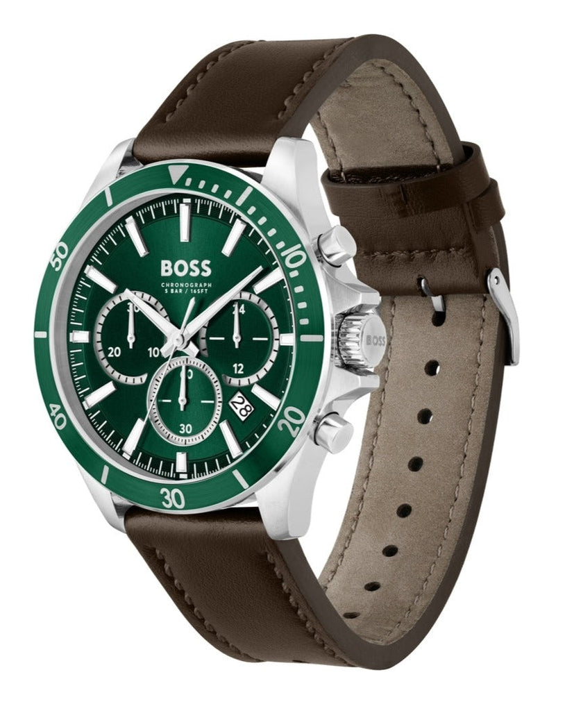 Hugo Boss Troper Chronograph Green Dial Brown Leather Strap Watch For Men - 1514098 Buy Now By Hugo Boss