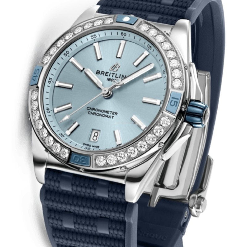 Breitling Super Chronomat Automatic 38 Diamonds Blue Dial Blue Rubber Strap Watch for Women - A17356531C1S1 Buy Now By Breitling