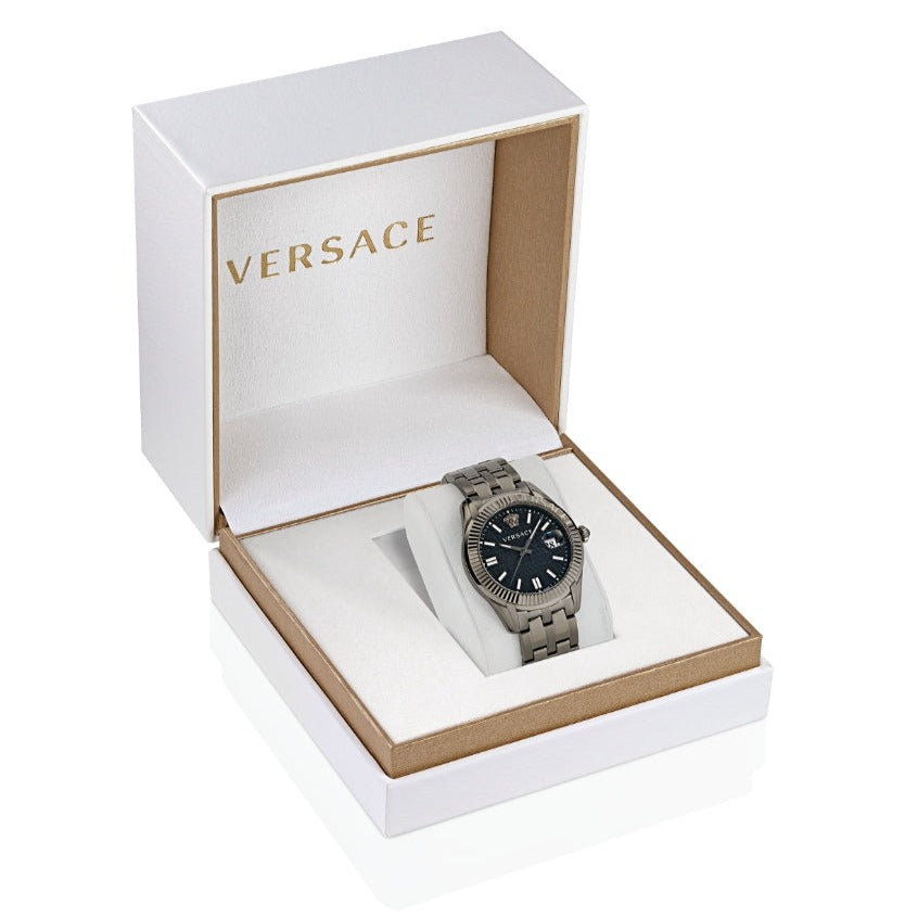 Versace Greca Time Quartz Black Dial Grey Steel Strap Watch for Men - VE3K00622 Buy Now By Versace