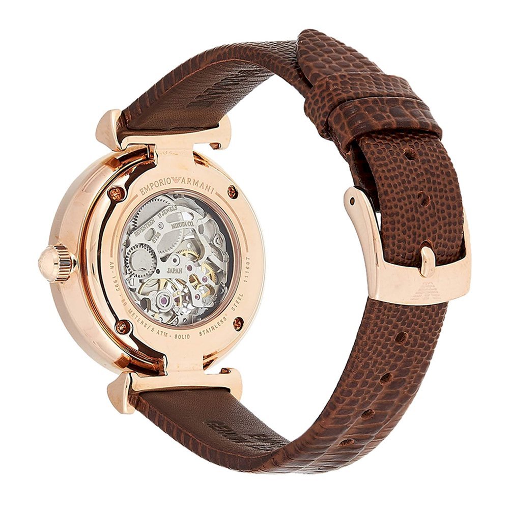 Emporio Armani Meccanico Skeleton Mother of Pearl Dial Brown Leather Strap Watch For Women - AR1993 Buy Now By Emporio Armani