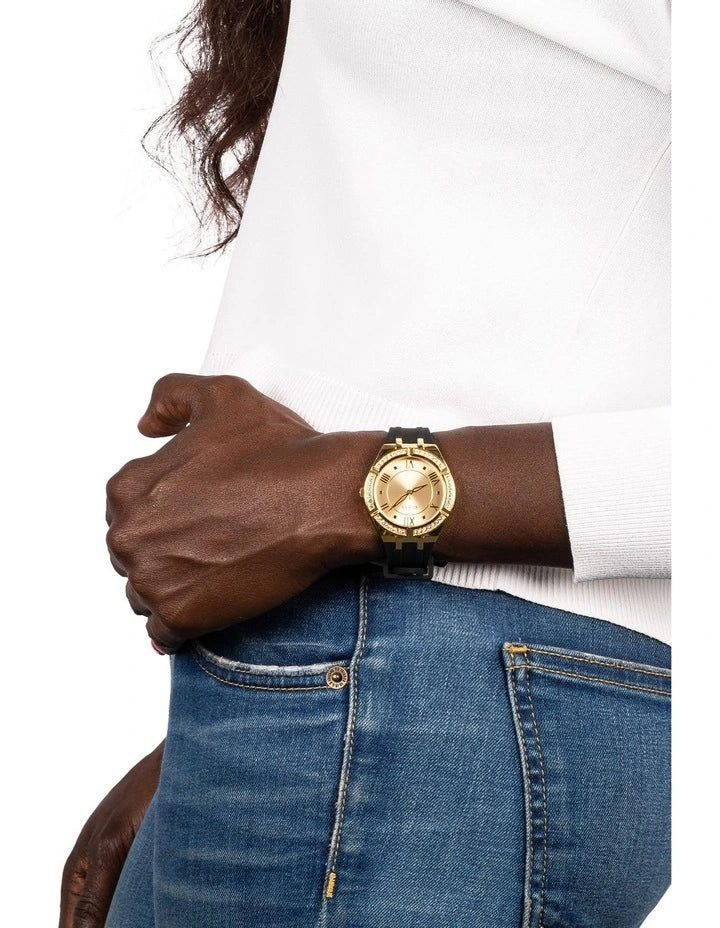 Guess Cosmo Diamonds Gold Dial Black Rubber Strap Watch for Women - GW0034L1 Buy Now By Guess