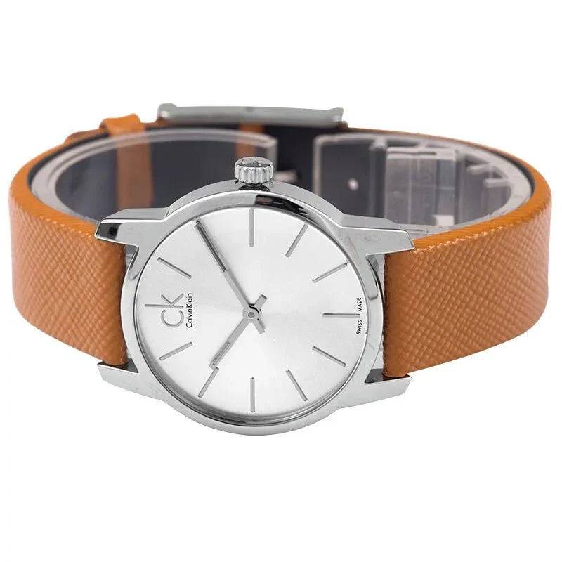 Calvin Klein City Silver Dial Light Brown Leather Strap Watch For Women- K2G23120 Buy Now By Calvin Klein