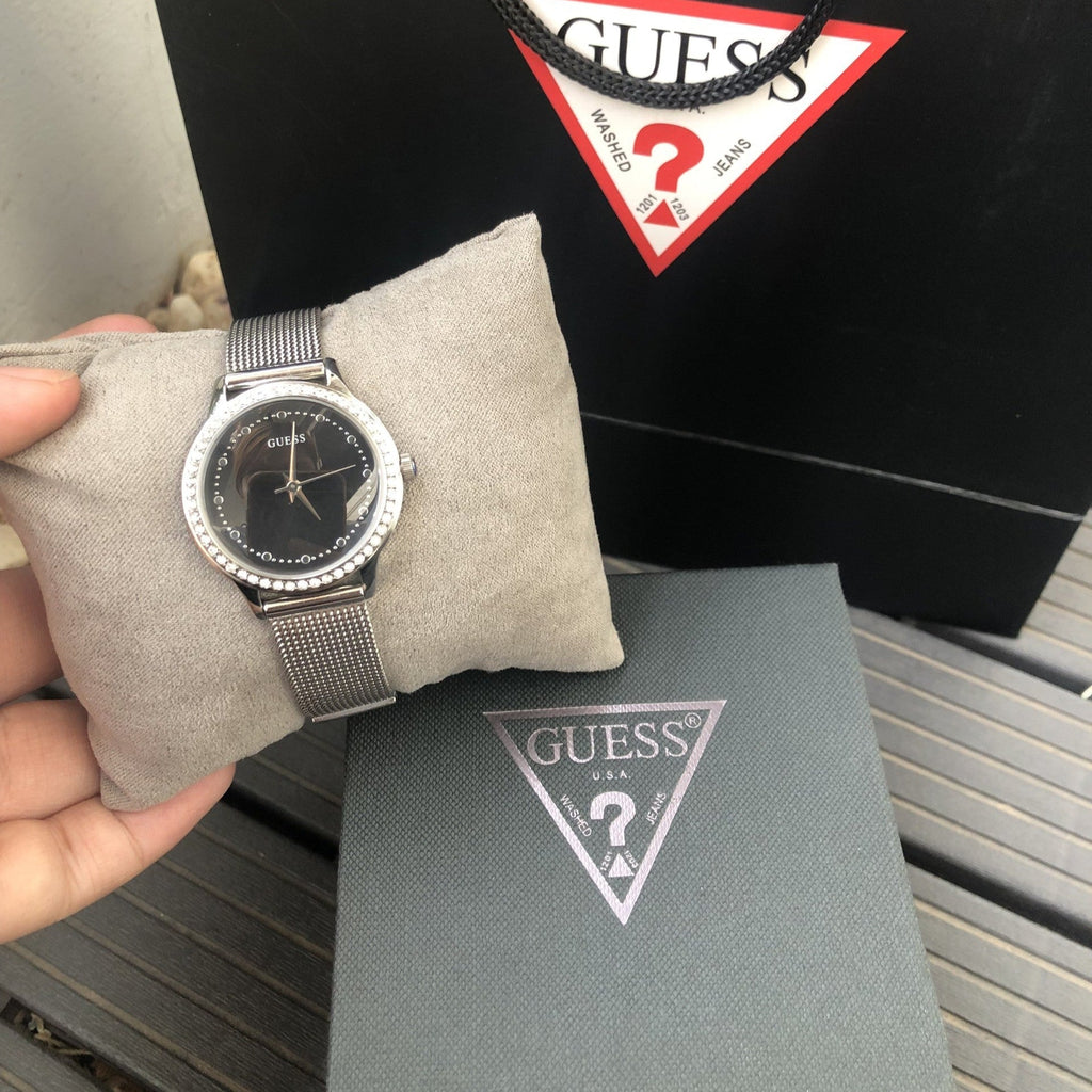 Guess Chelsea Crystals Black Dial Silver Mesh Bracelet Watch For Women - W0647L5 Buy Now By Guess