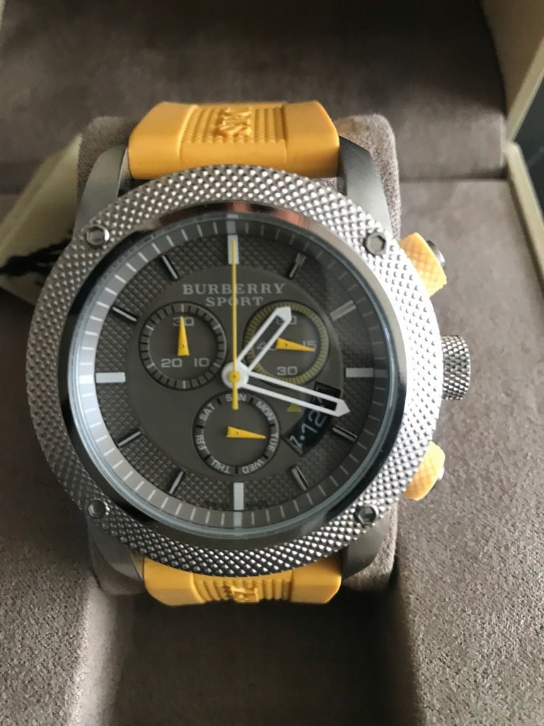 Burberry Sport Chronograph Grey Dial Yellow Rubber Strap Watch for Men - BU7712 Buy Now By Burberry