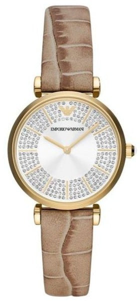 Emporio Armani Gianni T Bar Crystals Silver Dial Brown Leather Strap Watch For Women - AR11518 Buy Now By Emporio Armani