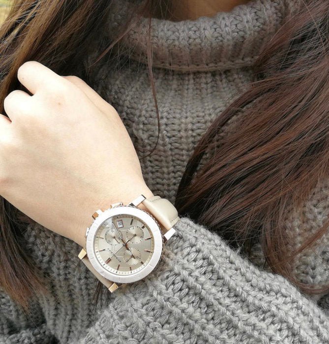 Burberry Chronograph Rose Gold Dial Beige Leather Strap Watch for Women - BU9704 Buy Now By Burberry