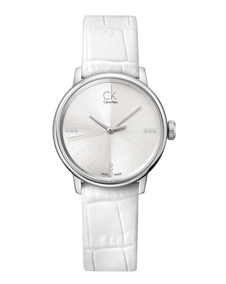 Calvin Klein Accent Silver Dial White Leather Strap Watch for Women - K2Y2Y1KW Buy Now By Calvin Klein