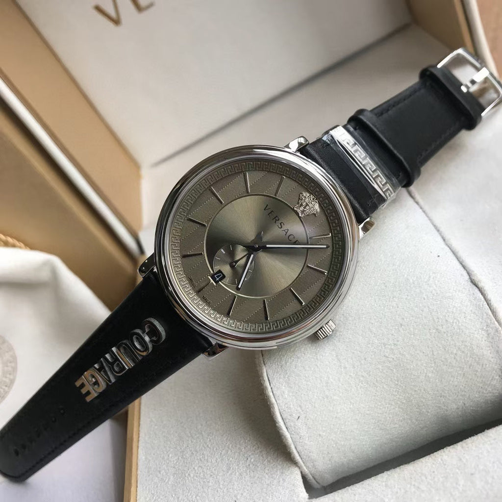 Versace V-Circle Black Manifesto Courage Quartz Silver Dial Black Leather Strap Watch for Men - VBQ080017 Buy Now By Versace