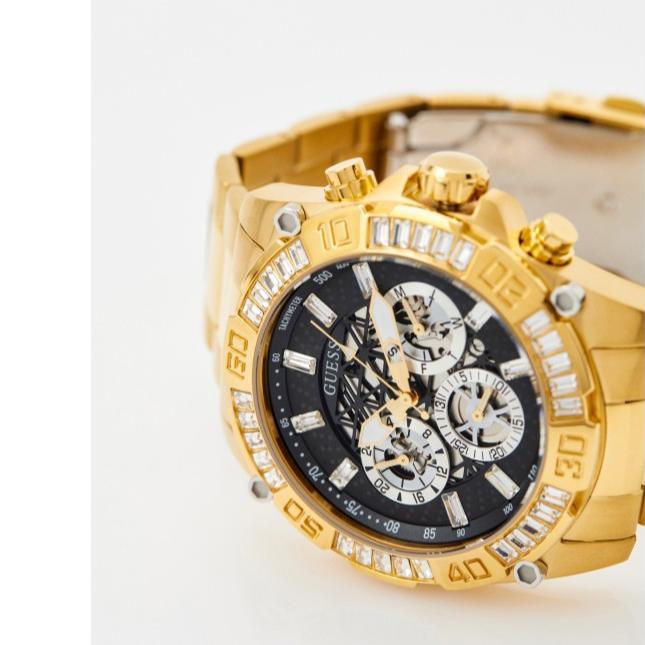 Guess Trophy Diamonds Black Dial Gold Steel Strap Watch for Men - GW0390G2 Buy Now By Guess