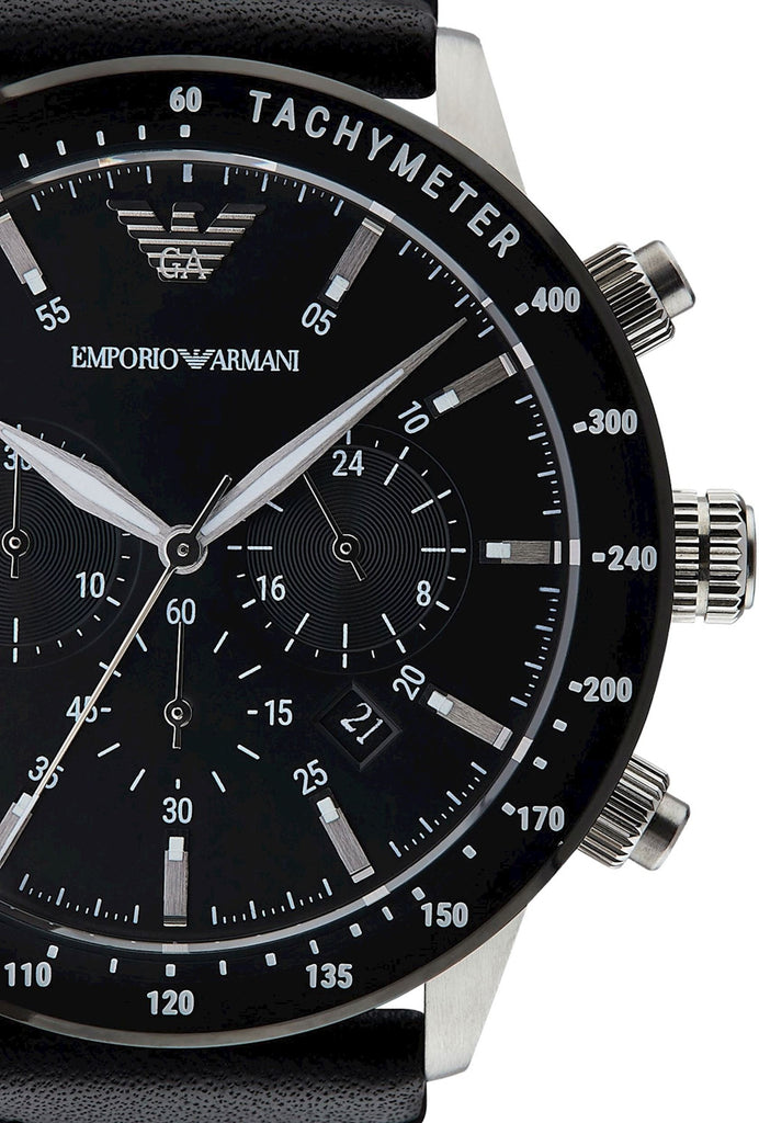 Emporio Armani Mario Chronograph Black Dial Black Leather Strap Watch For Men - AR11243 Buy Now By Emporio Armani