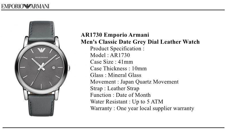 Emporio Armani Classic Quartz Grey Dial Grey Leather Strap Watch For Men - AR1730 Buy Now By Emporio Armani