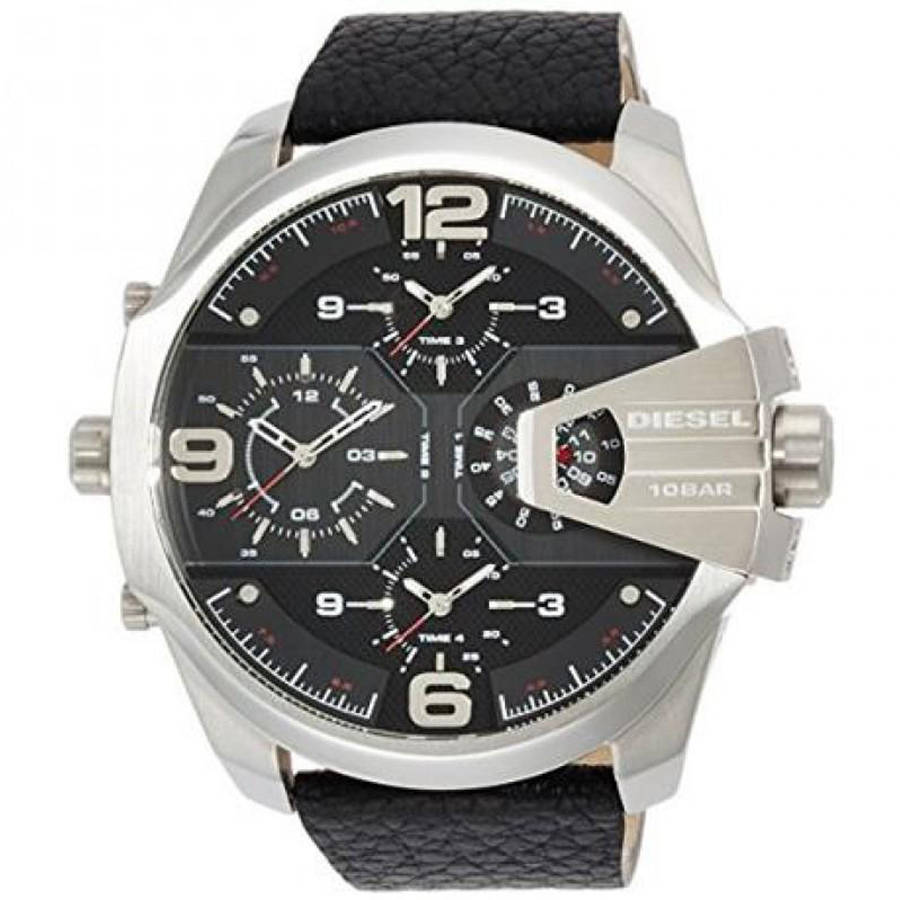 Diesel Uber Chief Oversized 4 Time Black Dial Leather Strap Watch For Men - DZ7376 Buy Now By Diesel