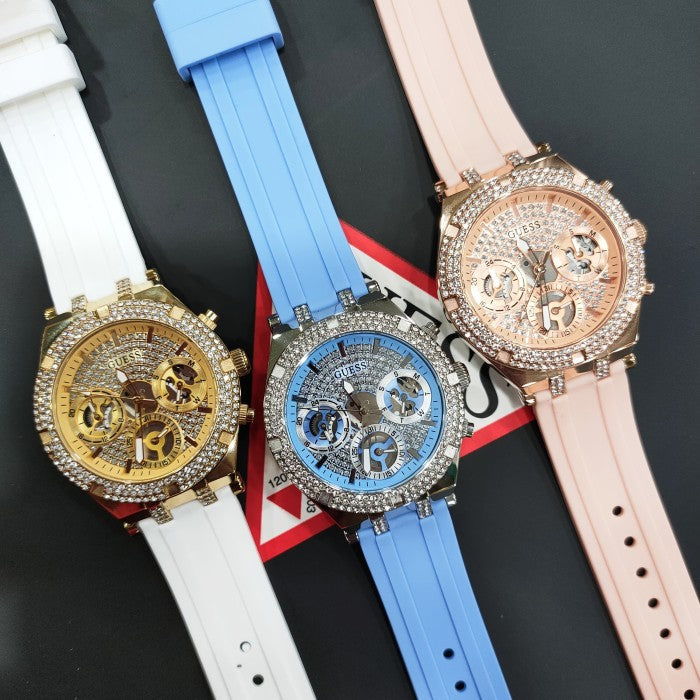 Guess Heiress Diamonds Gold Dial White Rubber Strap Watch for Women - GW0407L2 Buy Now By Guess