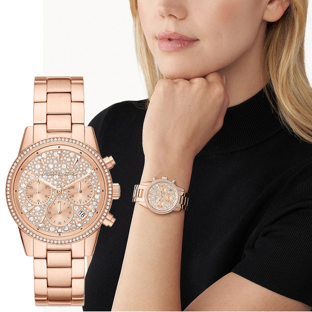 Michael Kors Ritz Chronograph Rose Gold Dial Rose Gold Steel Strap Watch For Women - MK7302 Buy Now By Michael Kors