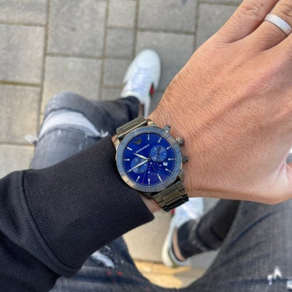 Emporio Armani Mario Chronograph Blue Dial Grey Steel Strap Watch For Men - AR80045 Buy Now By Emporio Armani