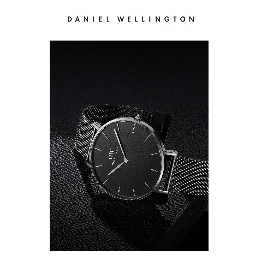 Daniel Wellington Petite Ashfield Black Dial Black Mesh Strap Watch For Women - DW00100308