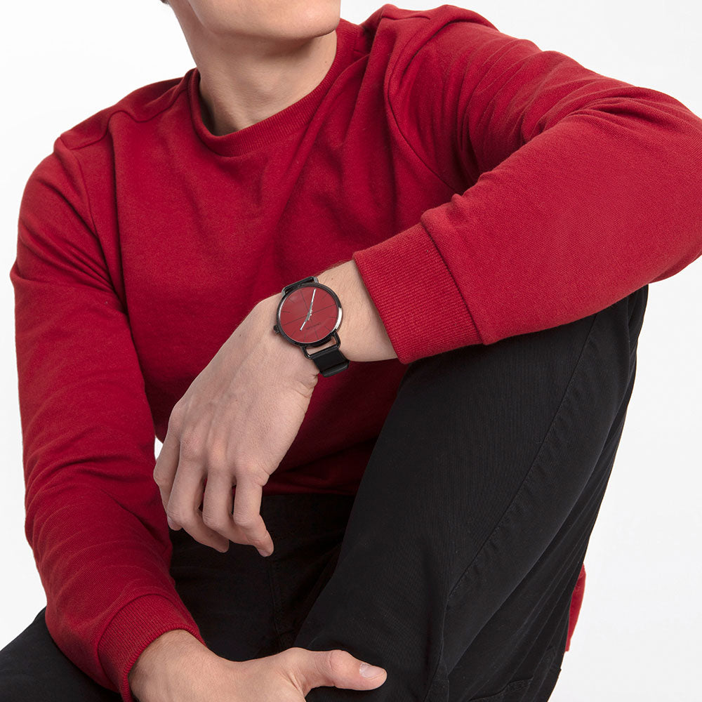 Calvin Klein Even Maroon Dial Black Leather Strap Watch for Men - K7B214CP Buy Now By Calvin Klein