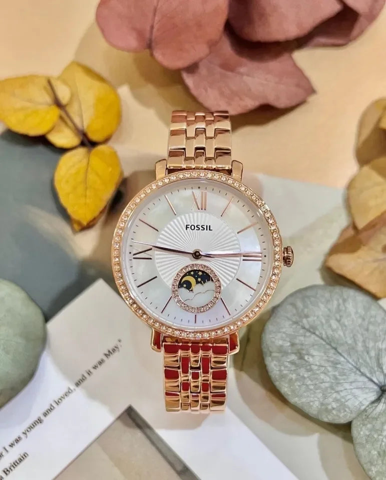 Fossil Jacqueline Analog Moonphase Mother of Pearl White Dial Rose Gold Steel Strap Watch for Women - ES5165 Buy Now By Fossil