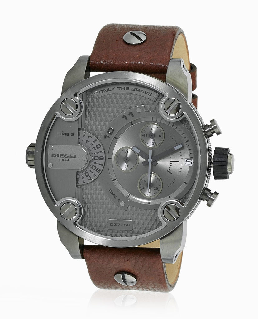 Diesel Little Daddy SBA Small Sized Grey Dial Brown Leather Strap Watch For Men - DZ7258 Buy Now By Diesel
